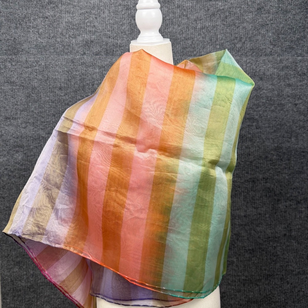 Vtg 90s Adrienne Landau Wrap Rainbow Plaid Sheer Organza Shawl Scarf - Picture 8 of 9